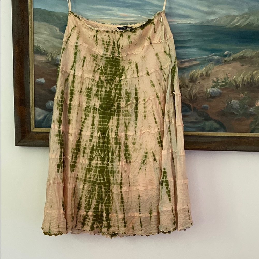 Shibori-Dye Green and Neutral Pink Silk Skirt, medium